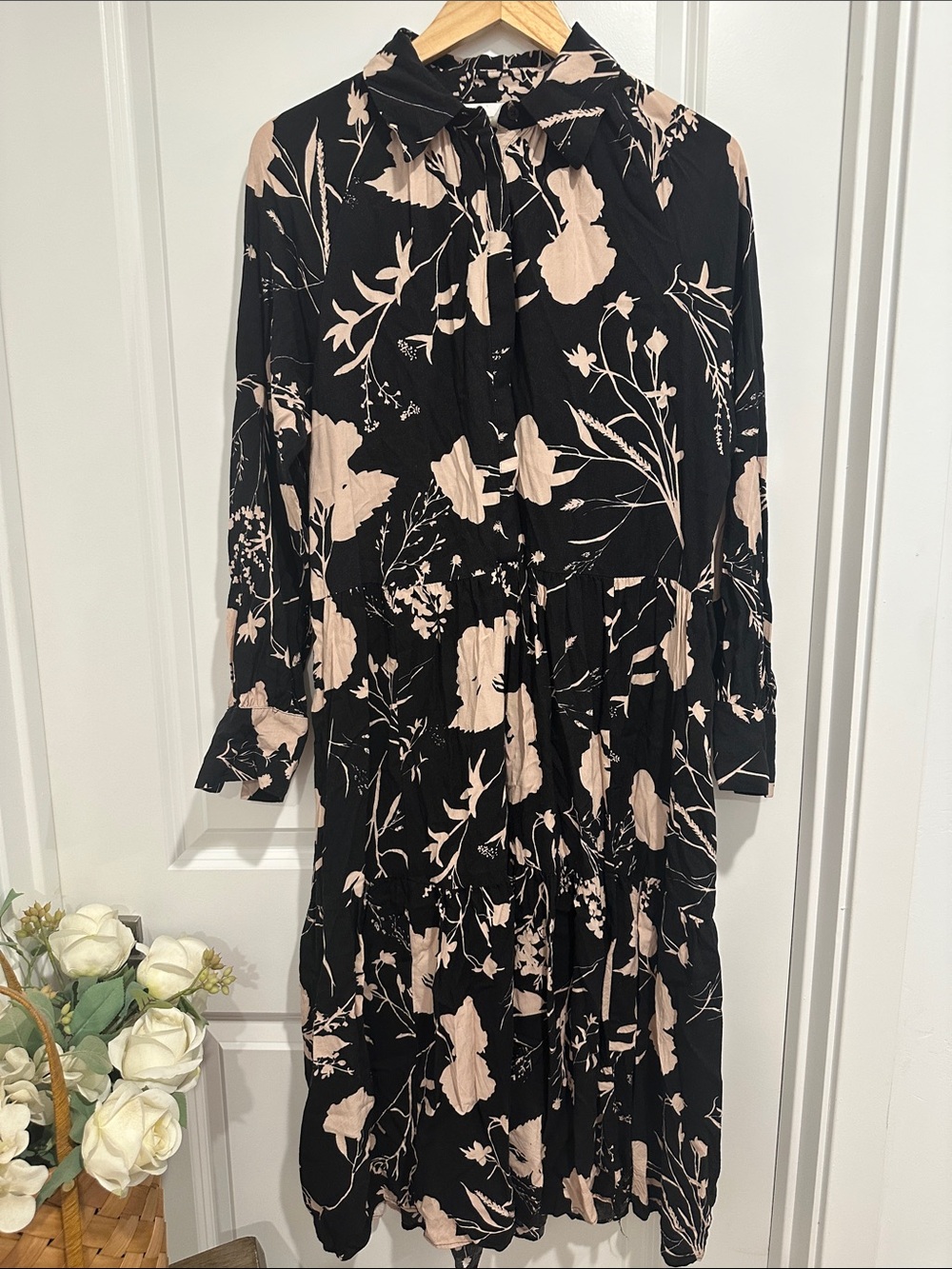 H&M Black Midi Dress with Blush Floral Print and Tie Neck